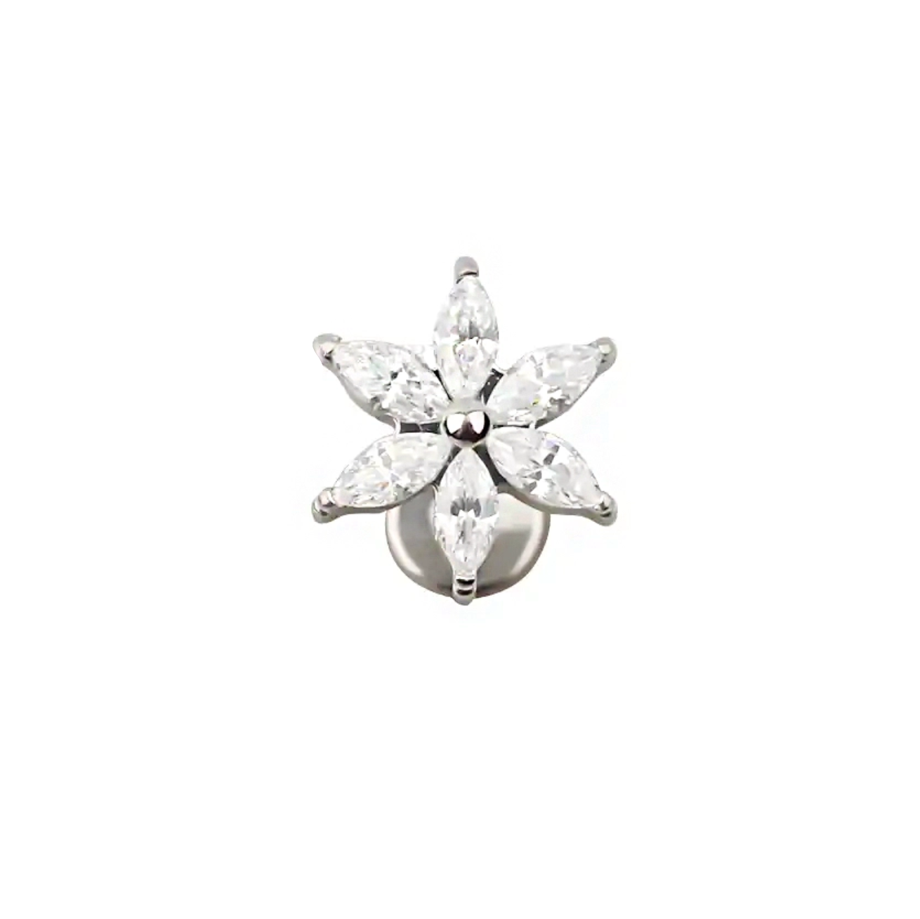 Silver CZ Six-Petal Flower Flatback Titanium Earring