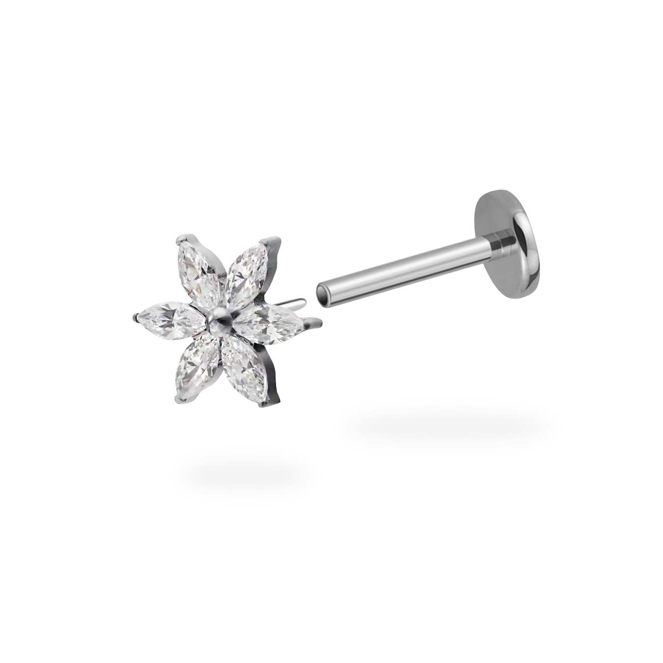 Silver CZ Six-Petal Flower Flatback Titanium Earring