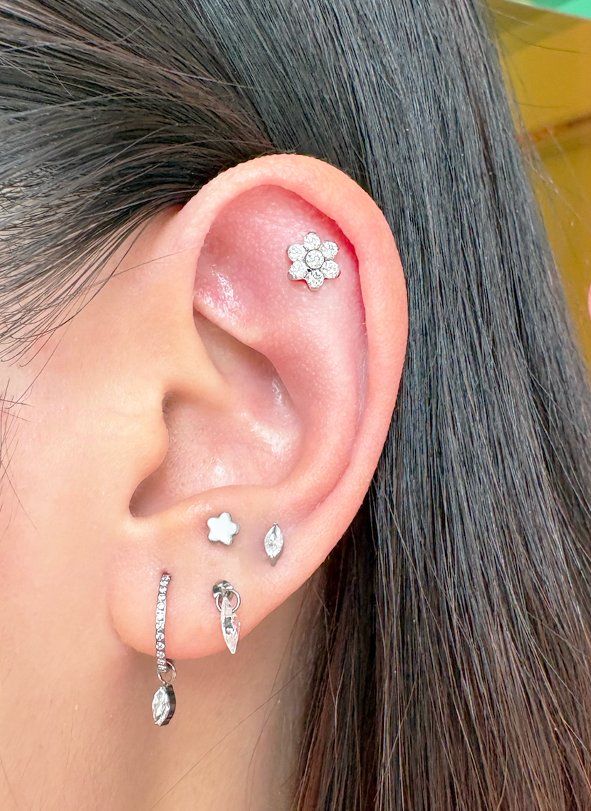 CZ Studded Flower Flatback Titanium Earring