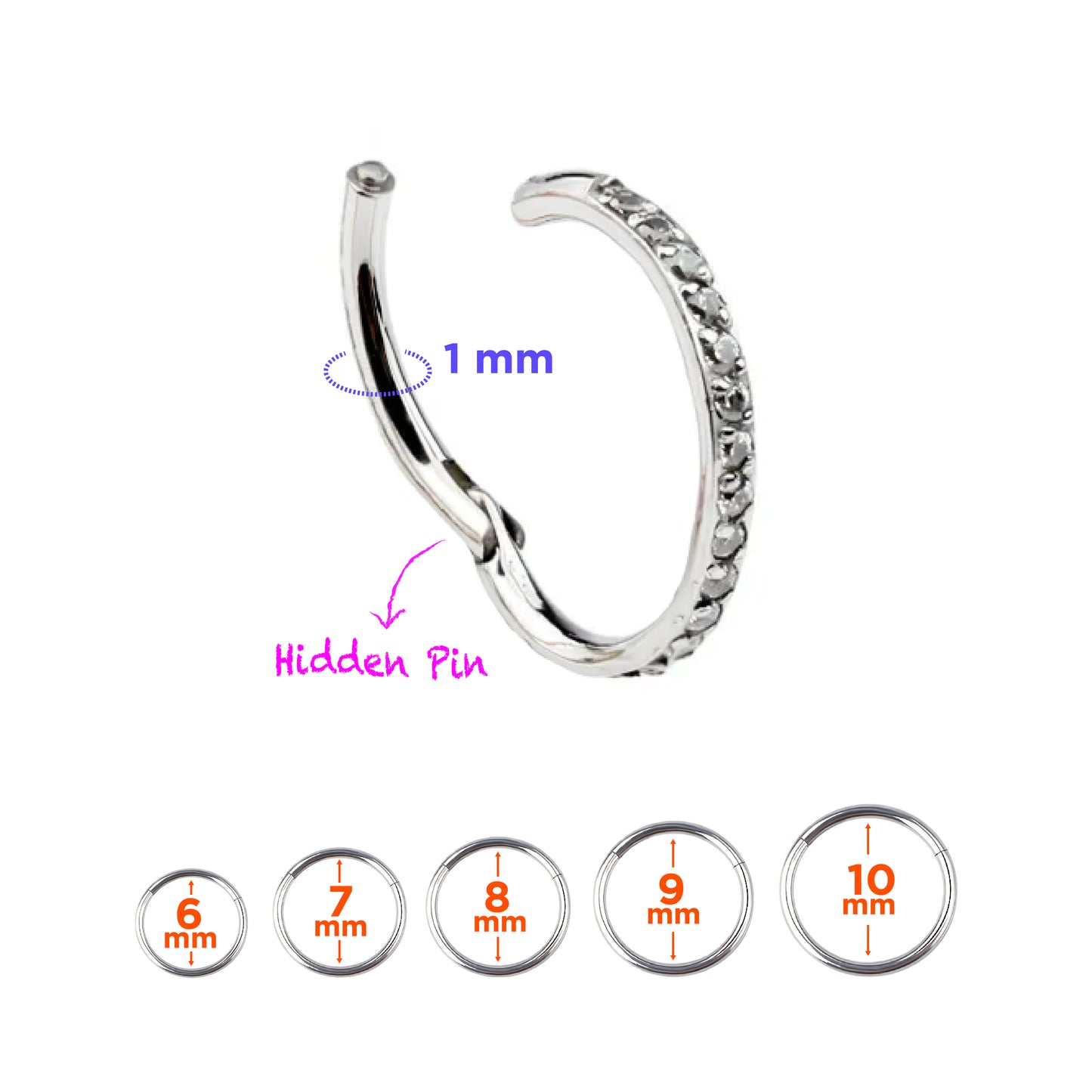 Titanium CZ Studded Slim Clicker Hoop