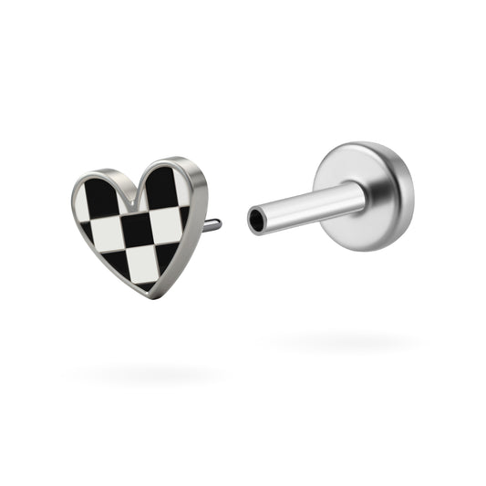 Checkered Heart Enamel Titanium Flatback Earring