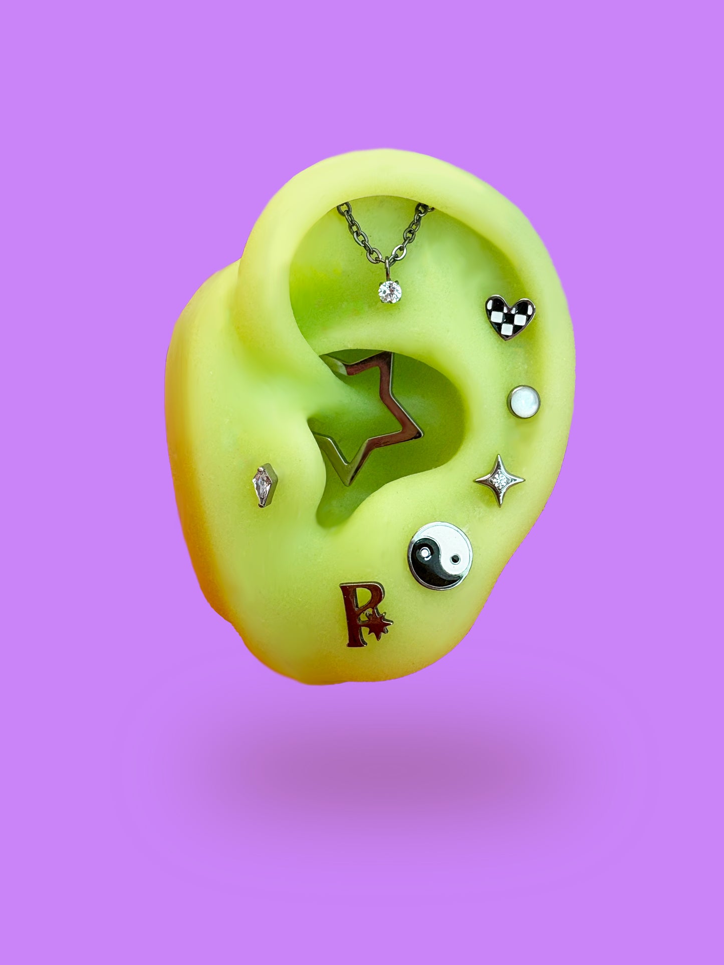 Checkered Heart Enamel Titanium Flatback Earring